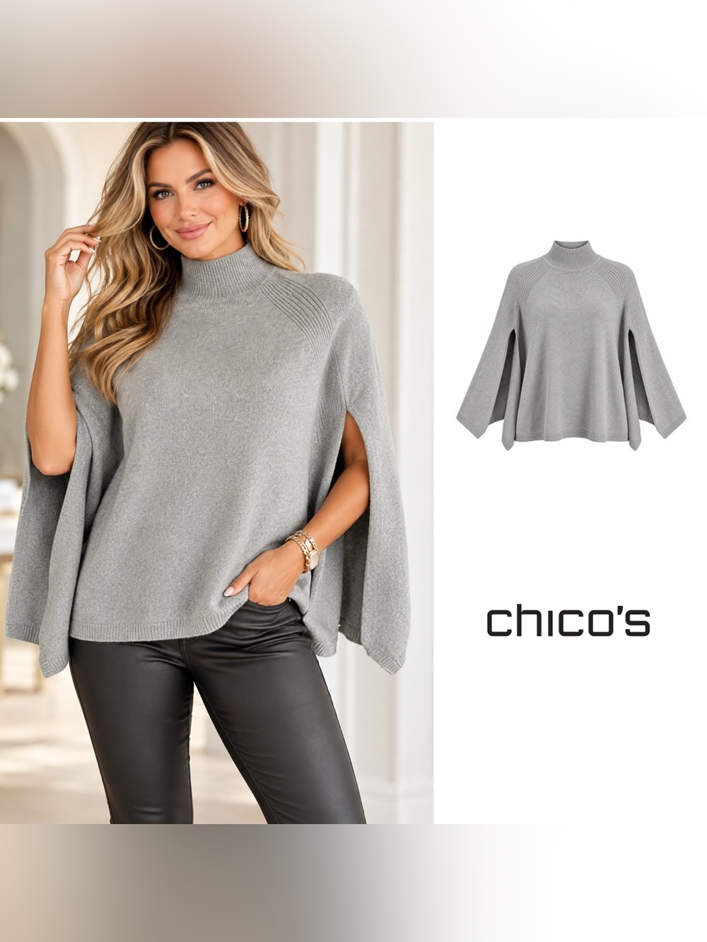 NEW Chico’s Silver Metallic Cape Sweater
